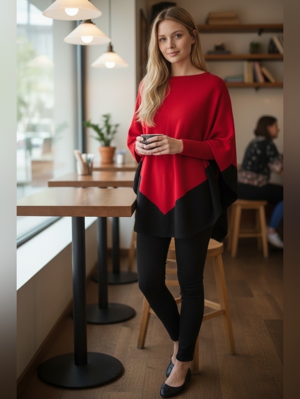 Peter Nygard Red & Black Poncho  Top L Diagonal Colorblock Sweater VNT ‘90s